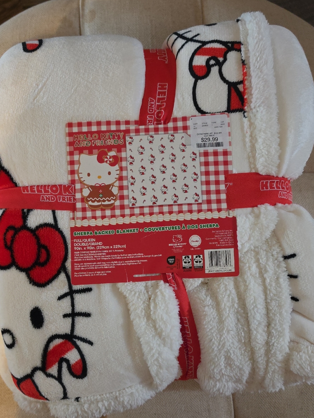 Sanrio Hello Kitty Plush Sherpa Blanket in White, Red & Black w/candycanes